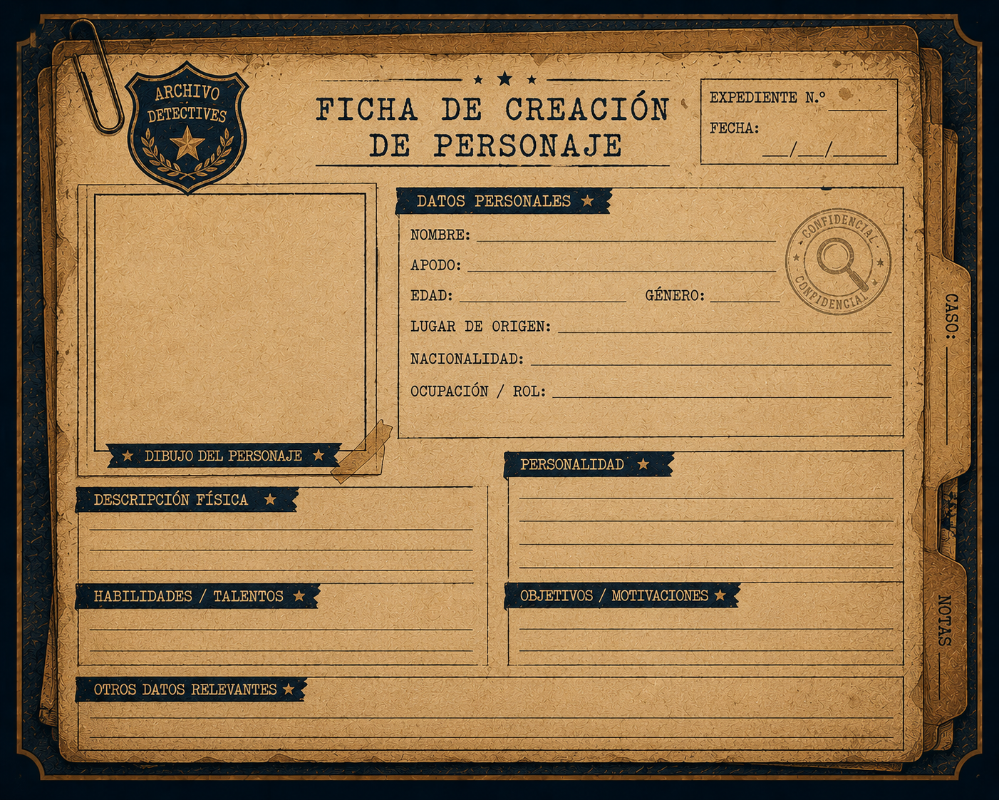 Formulario de ficha de personaje con espacio para nombre, dibujo y descripción, estilo expediente.